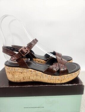 Donald J Pliner 7.5 M Wedge Sandals Kogi Cork Brown Croc Leather Studded